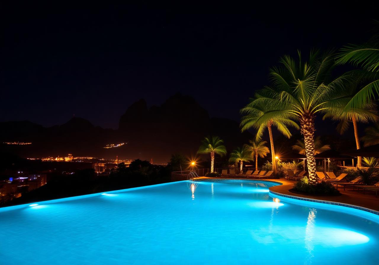 Piscina iluminada à noite